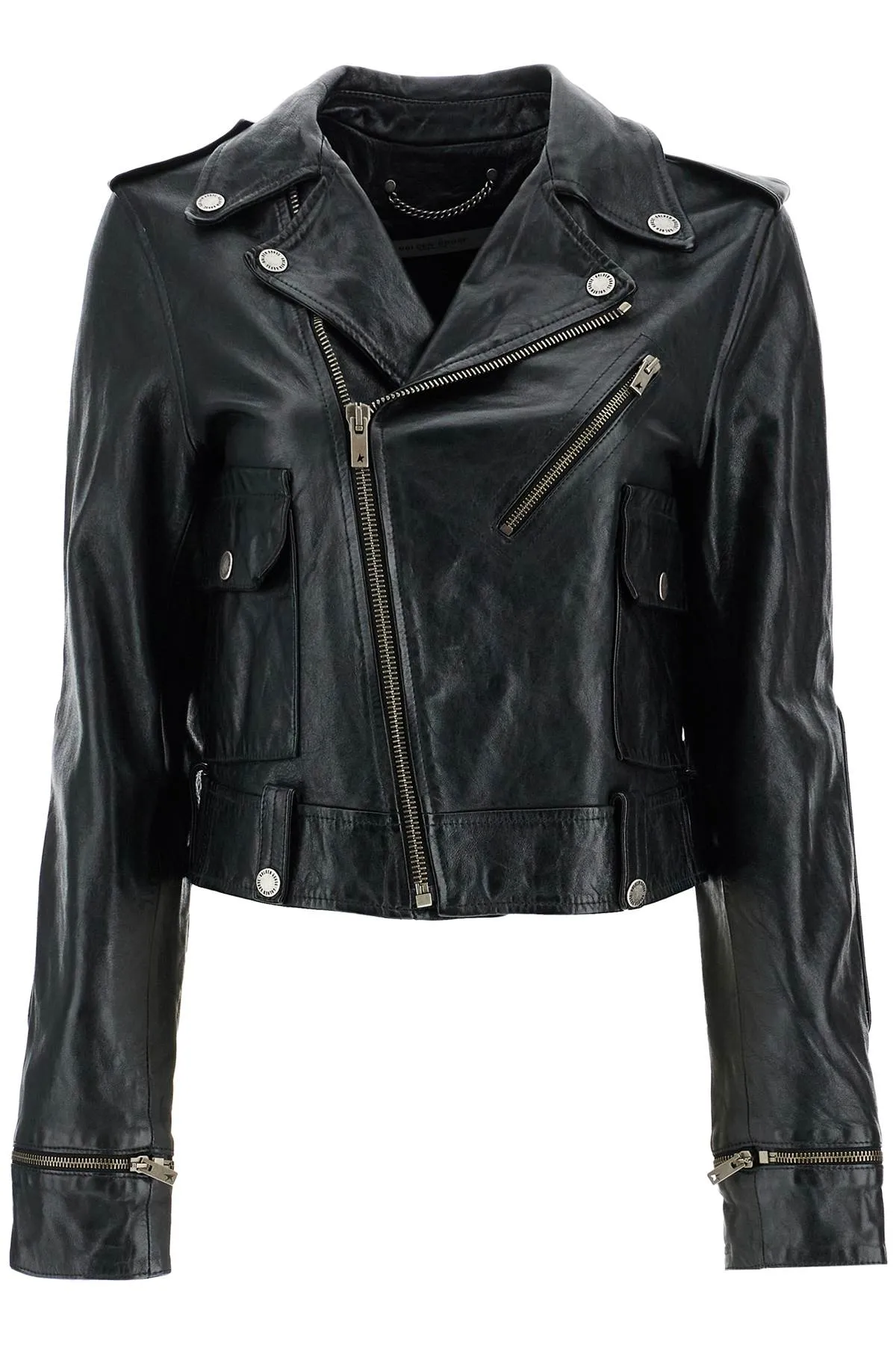 shiny black sheepskin biker jacket with sturdy zip GWP02137 P001195 BLACK