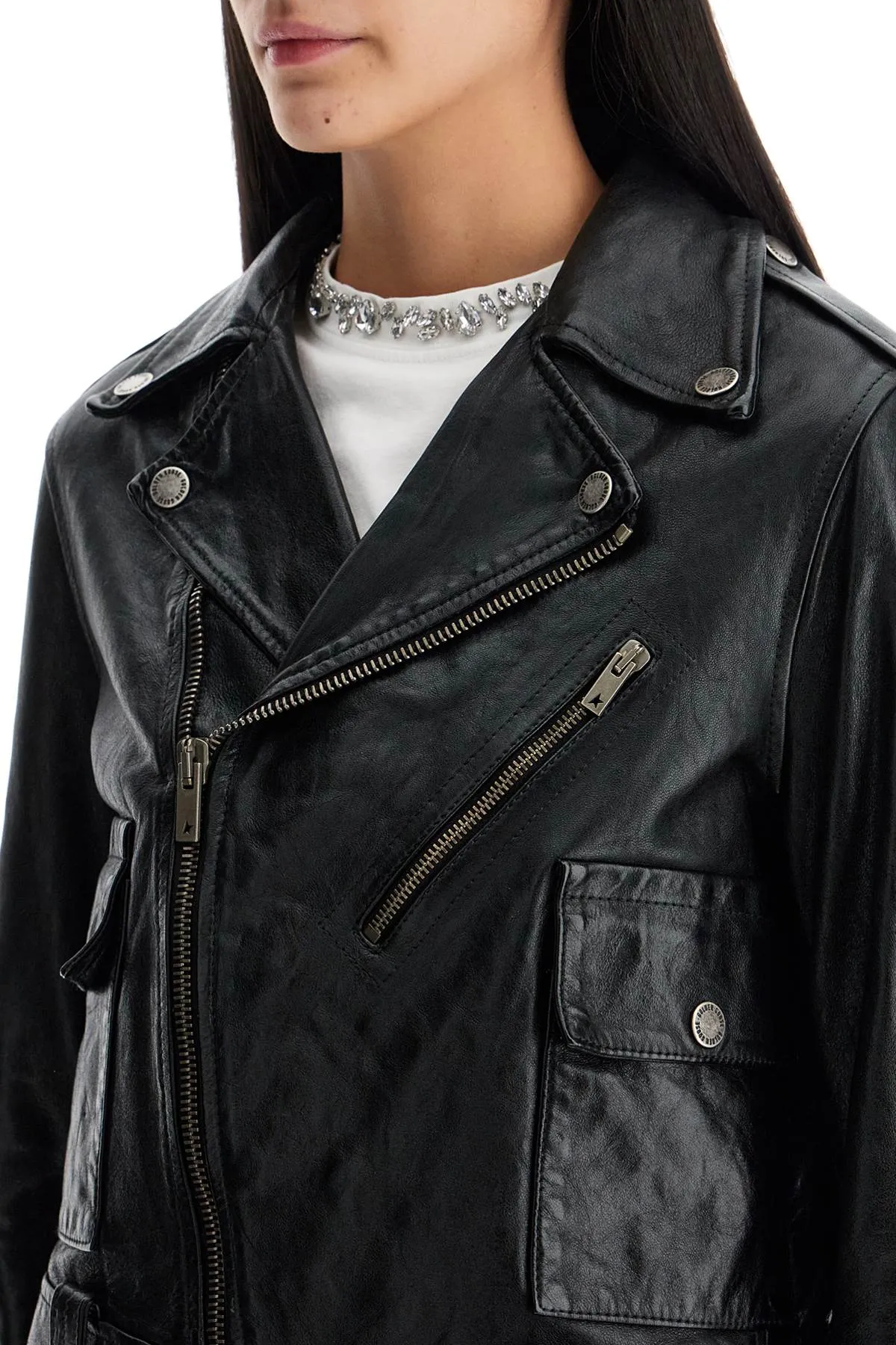 shiny black sheepskin biker jacket with sturdy zip GWP02137 P001195 BLACK