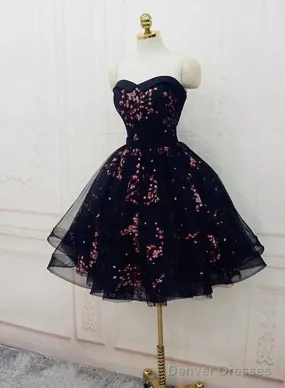 Simple Short Black Tulle Party Dress With Floral, Lovely Short Prom Dress