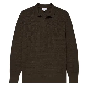 Sunspel Textured Cotton L/S Polo Knitwear Khaki