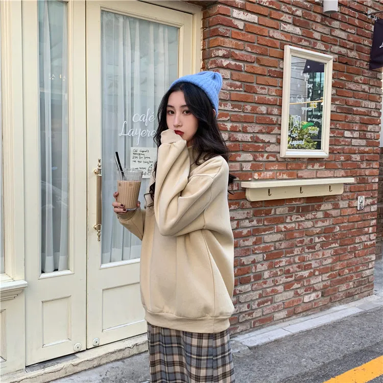 Wjczt Hoodies Women Winter Solid Color New Fleece Korean Harajuku Sweatshirt Long Sleeve Basic Womens Pullover 9 Colors