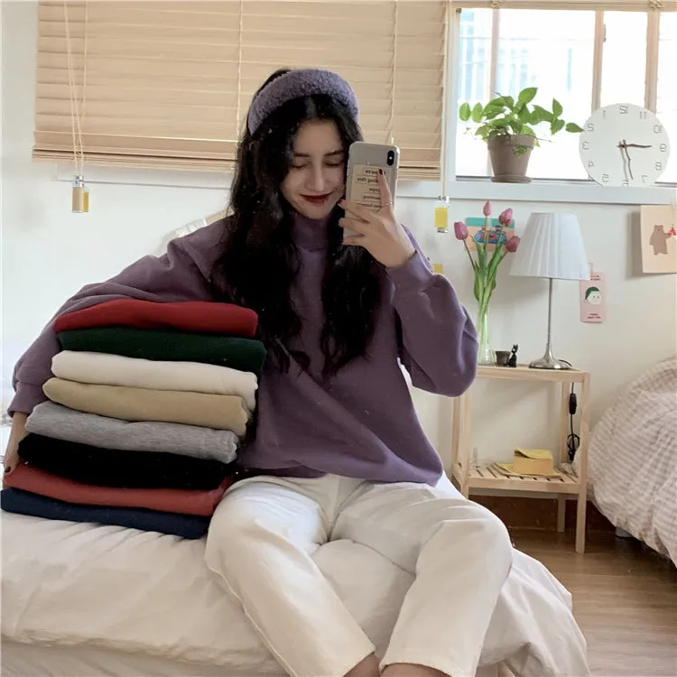 Wjczt Hoodies Women Winter Solid Color New Fleece Korean Harajuku Sweatshirt Long Sleeve Basic Womens Pullover 9 Colors