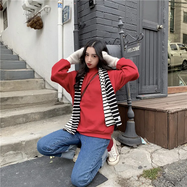 Wjczt Hoodies Women Winter Solid Color New Fleece Korean Harajuku Sweatshirt Long Sleeve Basic Womens Pullover 9 Colors