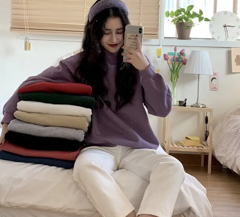 Wjczt Hoodies Women Winter Solid Color New Fleece Korean Harajuku Sweatshirt Long Sleeve Basic Womens Pullover 9 Colors