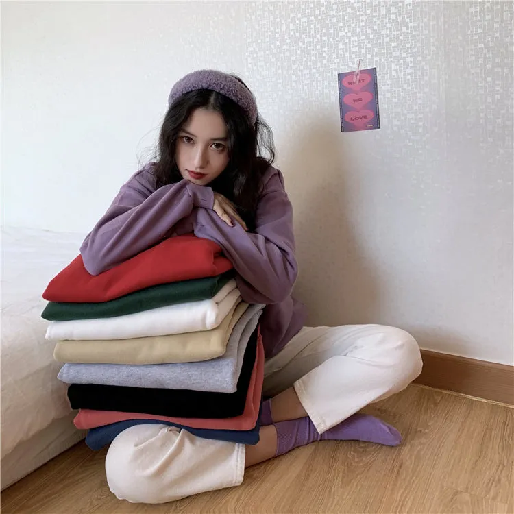 Wjczt Hoodies Women Winter Solid Color New Fleece Korean Harajuku Sweatshirt Long Sleeve Basic Womens Pullover 9 Colors