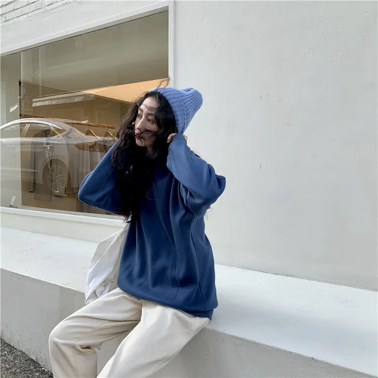 Wjczt Hoodies Women Winter Solid Color New Fleece Korean Harajuku Sweatshirt Long Sleeve Basic Womens Pullover 9 Colors