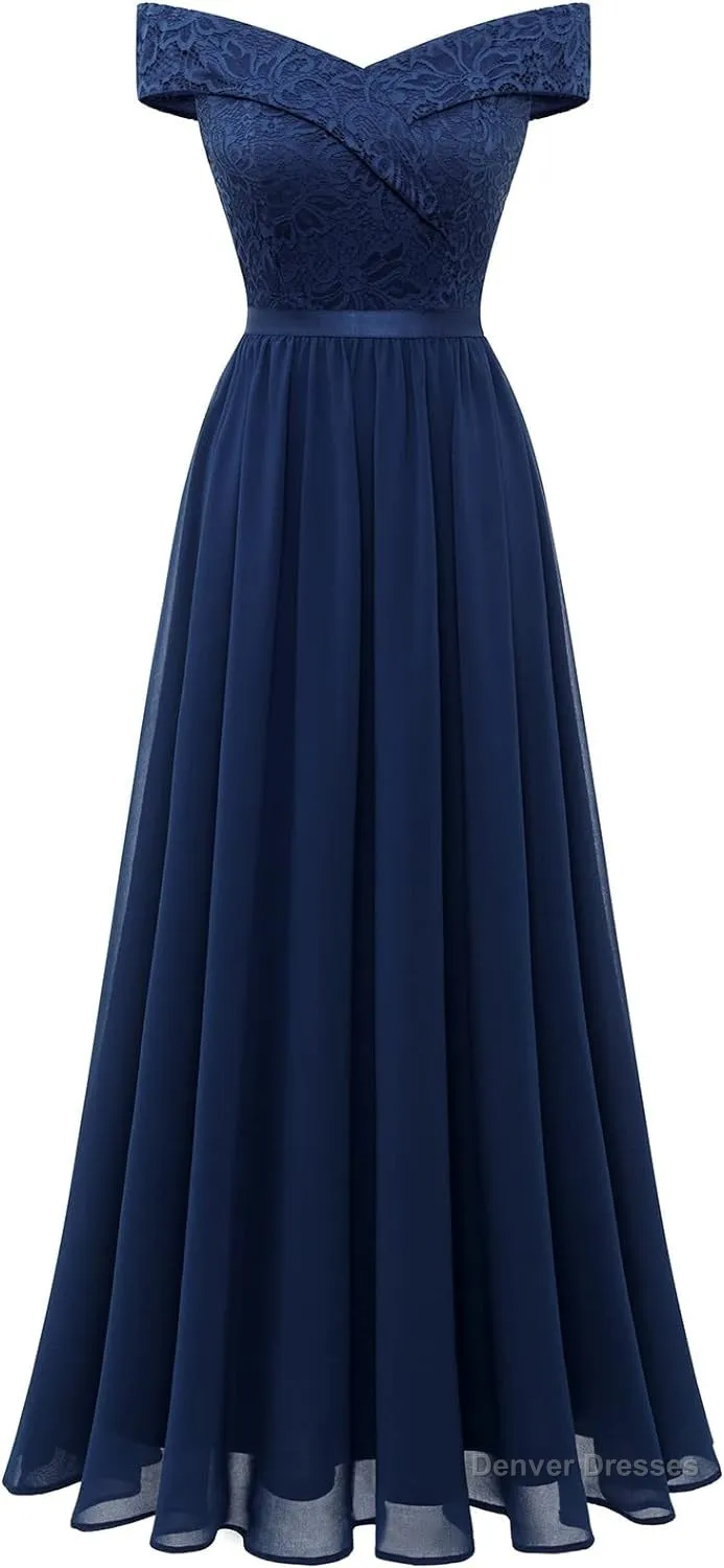 Womens Lace Bridesmaid Dress A-Line Off Shoulder Floral Lace Chiffon Prom Dresses